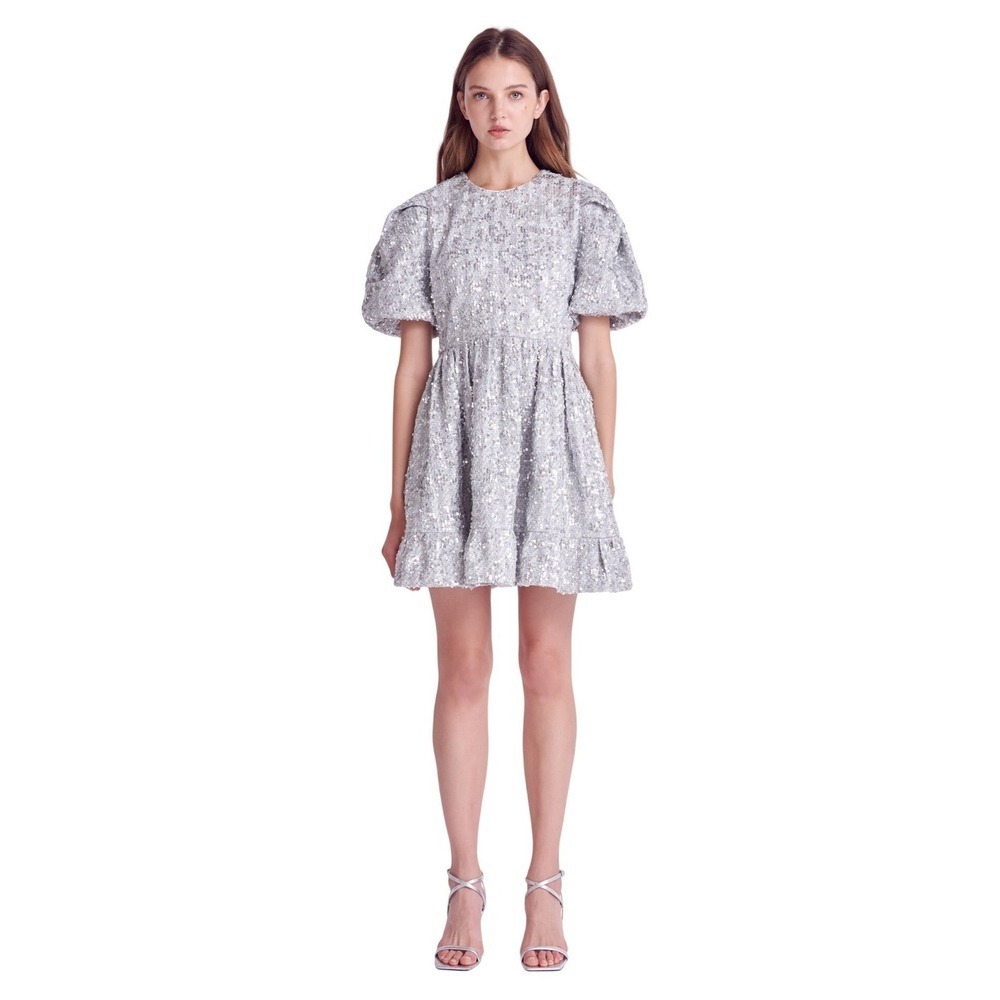 English Factory Sequin Tweed Tiered Mini Dress Puff Sleeve Medium Party Holiday
